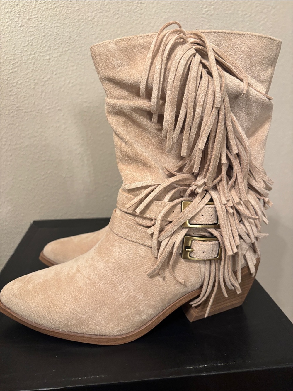 Madden NYC Fringe Suede Mid-Calf Heeled Boot in Light Beige 7